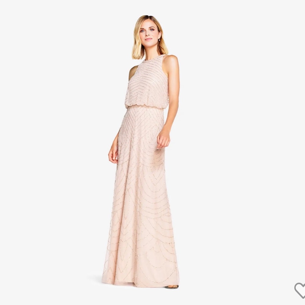 ADRIANA PAPPELL ART DECO BEADED BLOUSON DRESS WITH HALTER NECKLINE IN BLUSH